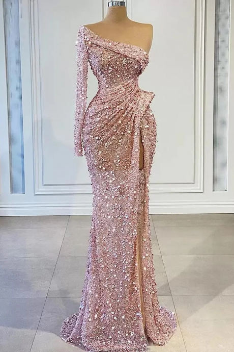 Elegant 2023 Pink Sequins One Shoulder Sleeve Evening Gowns Sweet Mermaid Pleated Side Split Prom Dresses