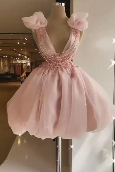 Pink Fashion Sweet Short Prom Dress V Neck Sleeveless Lace Appliques Ball Gown Women Mini Cocktail Evening Gown Custom Made