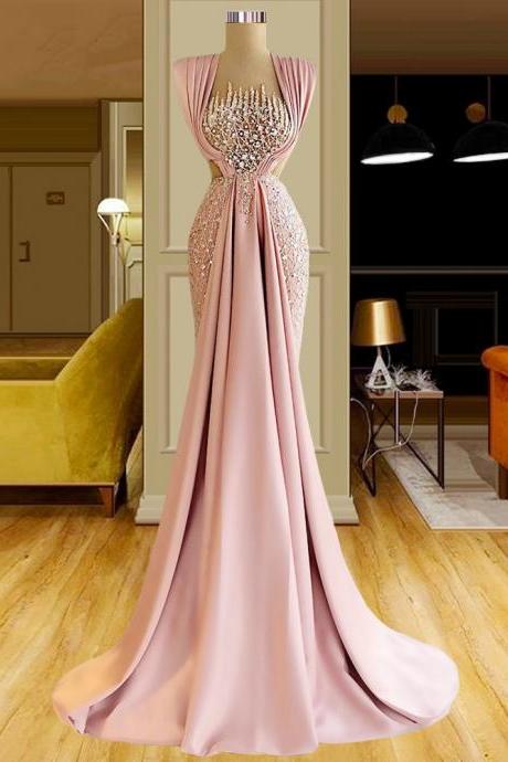 Pink Beaded Party Gowns Arabic Long Wedding Night Evening Dresses Custom Made For Women Prom Celebrity Dresses Robe Soiree