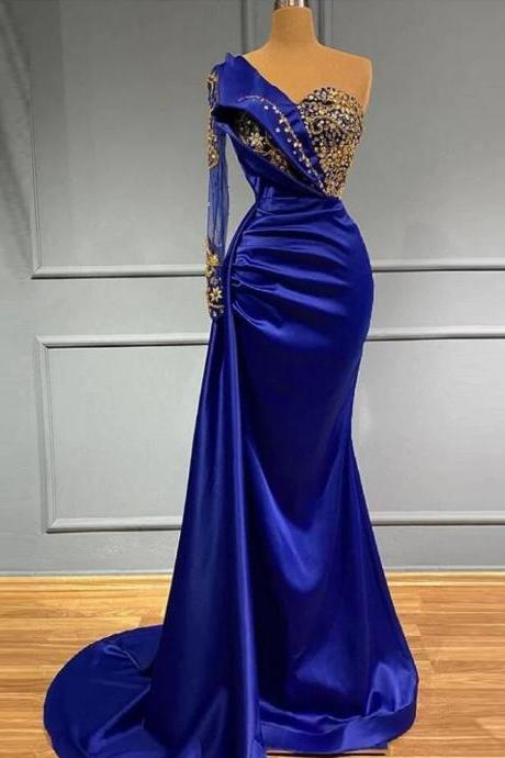 Dark Blue Women&amp;#039;s Evening Dresses Sexy One Shoulder Sleeve Mermaid Pleated Sparkling Beads String Satin Pleated Prom Gowns Robe