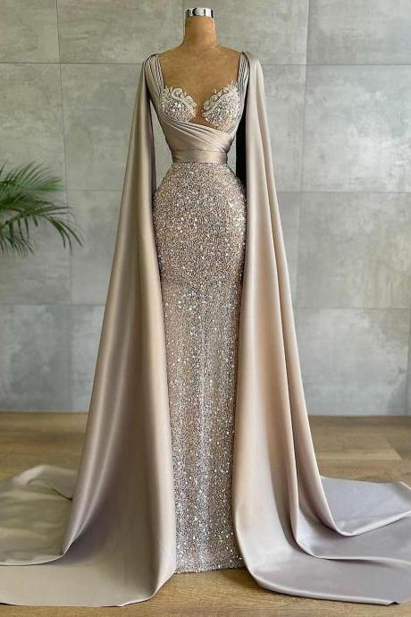 Arabic Glitter Sequins Evening Dresses Long Luxury Celebrity With Cape Ruched Sweetheart Prom Party Women Gowns Robe Soirée