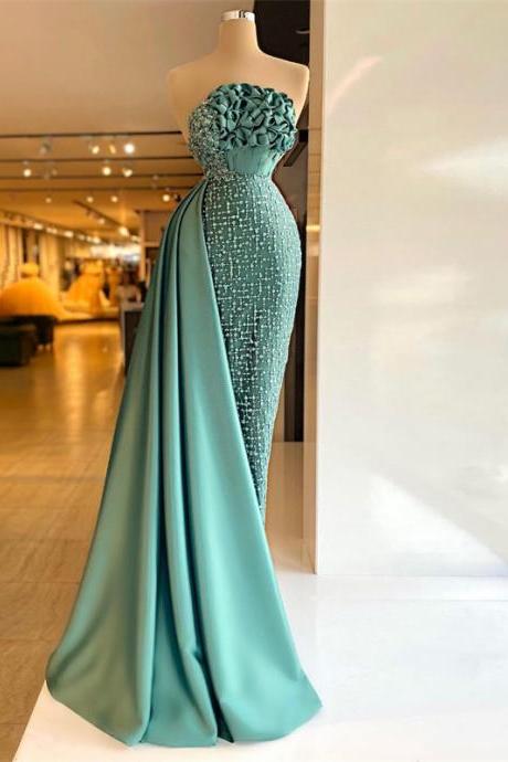 Chic Green Mermaid Prom Dresses Off Shoulder Strapless Evening Dress Custom Made Ruffles Glitter Floor Length Party Gown
