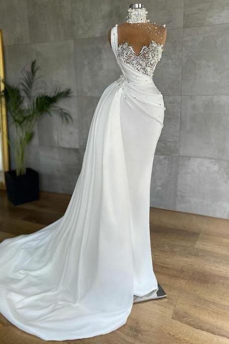 Elegant White Mermaid Evening Dress Lace Pearls Ruched Overskirt Bridal Gowns High Neck Vestido De Novia