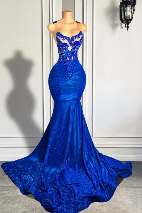Royal Blue Long Prom Dresses 2023 Luxury Beaded Embroidery Sexy Mermaid Style Black Girl Prom Gala Party Gowns
