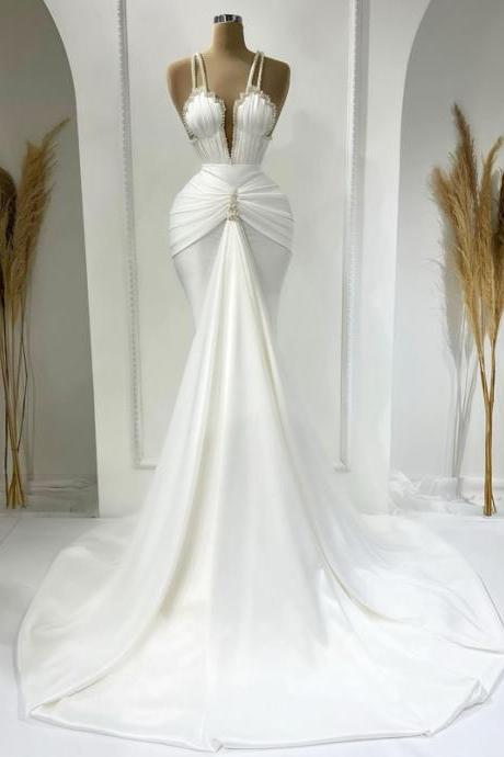 Elegant A-line Wedding Dresses 2023 Beadings Pearls Dress White Beach Floor Length Wedding Evening Prom Gowns Plus Size