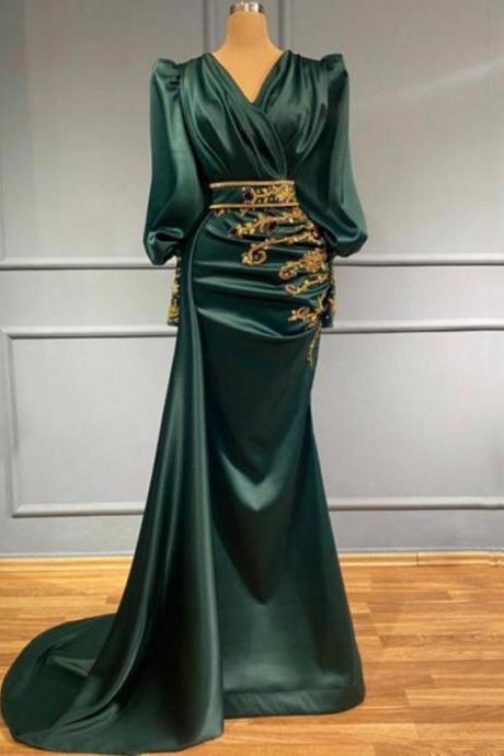 Green Satin Evening Dresses Dubai Arabic Formal Prom Party Gowns With Gold Lace Long Sleeves Celebrity Dress