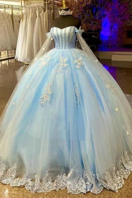 Sky Blue Sweet Princess Quinceanera Dresses Pearls Lace Cape Girl Formal Birthday Prom Gowns 2023