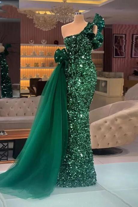 Emerald Green Evening Dresses Sparkly Sequins Sider Train Sequins Women Formal Prom Gowns 2023 Ruffle Plus Size Party
