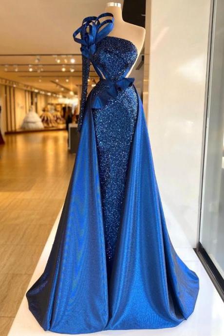 Sexy Sequines Prom Dress Blue One Shoulder Formal Mermaid Evening Party Cocktail Gowns Glitter Dubai Arabic Plus Size