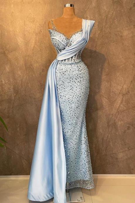 Sky Blue Formal Women Party Dresses Luxury 2023 Sheer Neck Glitter Sequins Evening Dress Sleeveless Mermaid Wedding Guest Gowns