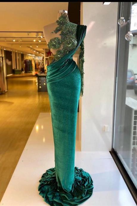 Emerald Green Mermaid Prom Dresses One Shoulder Lace Appliques Beads Flower Evening Dress Custom Made Ruffles Party Gown