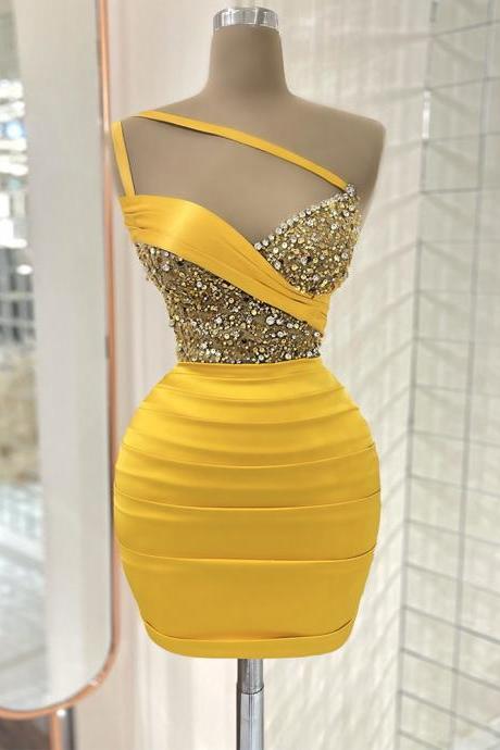 Sexy Cocktail Dresses 2023 Yellow One Shoulder Mini Cocktail Gown Luxury Beading Sequins Short Formal Party Dress for Women