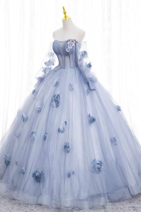 2023 Maria Novia Blue Grey Quinceanera Dresses Long Sleeve Flower Long Sleeve Ball Gown Prom Dress