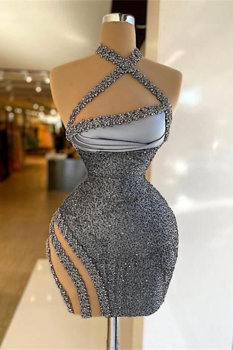 Shiny Silver Sleeveless Short Cocktail Dresses Sexy For Women Halter Club Party Gowns