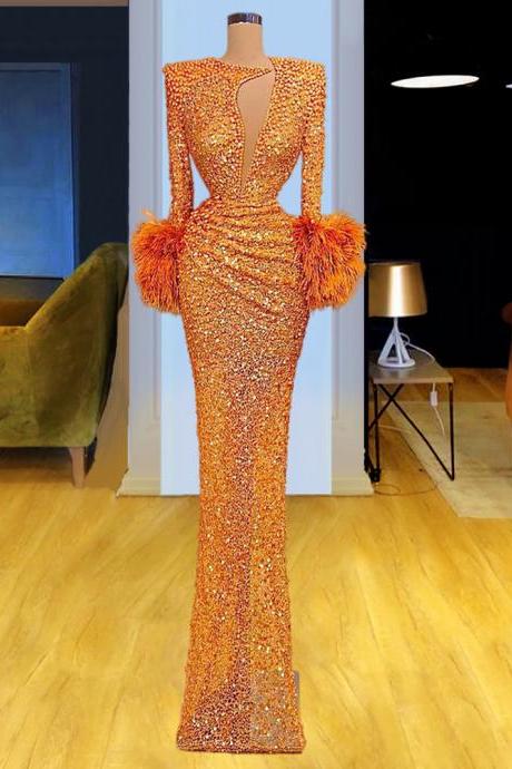 Pearls Feather Mermaid Prom Dresses Orange Long Sleeves Sequins Evening Dress Custom Made Floor Length Party Gown