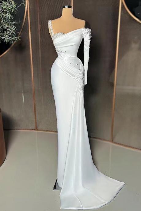 2023 White One Shoulder Mermaid Prom Dress Puff Long Sleeves Sweep Train Sequins Beads Formal Evening Gowns Custom
