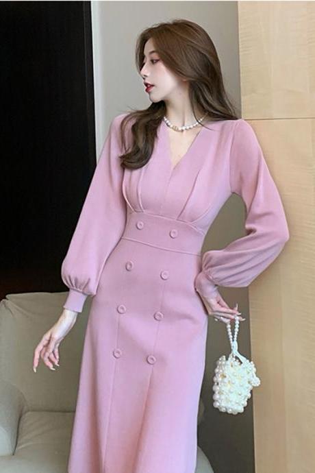 Women Korean Kintting Slim Autumn Winter Dresses V-neck Knee-length Sweater Dress Office Lady Chic Vestidos Long Purple Office