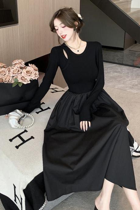 2023 Knitted Dresses For Women Hollow Out Solid Black A-line Elegant Vestidos Elegant Fashion Autumn Winter Dress Korean