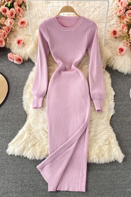 Korean Fashion Knitted Slit Dress For Women O-neck A-line Female Vestidos Long Sleeve Ladies Autumn/winter Dresses Dropshipping