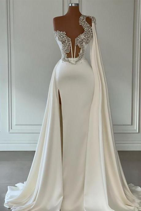 White One Shoulder Wedding Dresses Mermaid Beading Pearl Dress Boho Satin Side Slit Wedding Evening Prom Gowns Plus Size