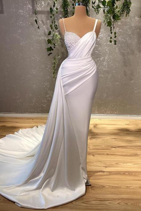 Sexy Wedding Dresses For Women Charming Sleeveless Pearls Bride Dress White Mermaid Floor Length Robe De Mariee Customize
