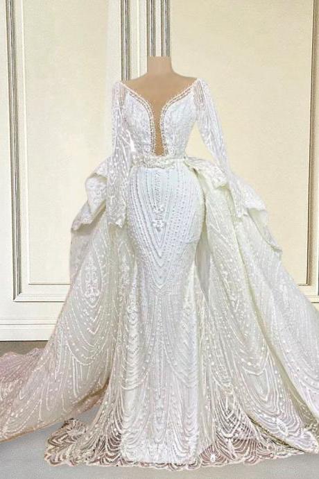 Luxury Lace Puffy Wedding Dresses For Bride Mermaid Bead Long Sleeve Detachable Train Dubai Bridal Gowns Plus Size