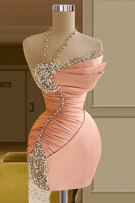 Mini Skirt Cocktail Dress For Women Sleeveless Light Pink Beads Strapless Sexy Prom Gowns Above Knee Vestido Feminino