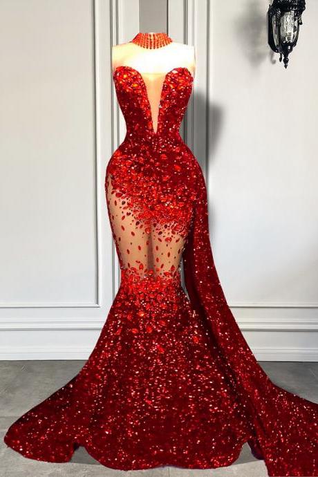 Sexy Mermaid Prom Dresses Sweetheart Luxury Crystals Black Girls Red Sequin Floor Length Prom Gala Gowns