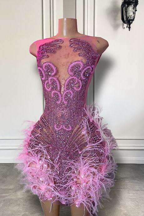 Stunning Sparkly Luxury Diamond Women Birthday Party Cocktail Gowns Sexy Sheer Pink Feather Mini Short Prom Dresses