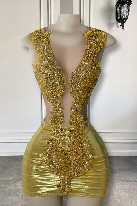 Black Girls Birthday Party Gowns Sheer Beaded Crystals Women Gold Mini Short Prom Dresses