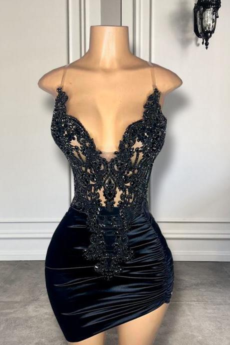 Real Sample V-neck Beaded Embroidery Women Birthday Party Gowns Black African Girls Short Mini Prom Dresses