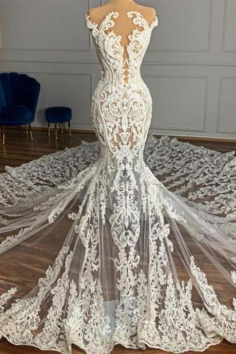 Arabia Lace Transparent Wedding Dress For Women Sheer Neckline Beading Sexy Long Mermaid Royal Train Bridal Gowns Vestidos