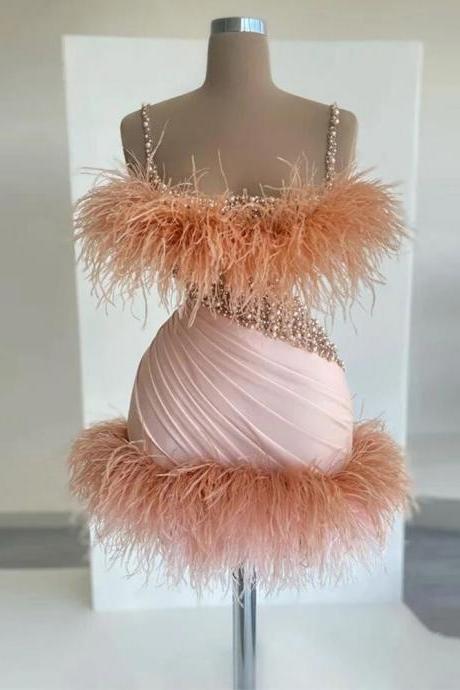 Luxury Mimi Cocktail Dress For Women Feather Pearls Beaded Short Evening Party Dress Spaghetti Straps Pink Satin Birthday Dress