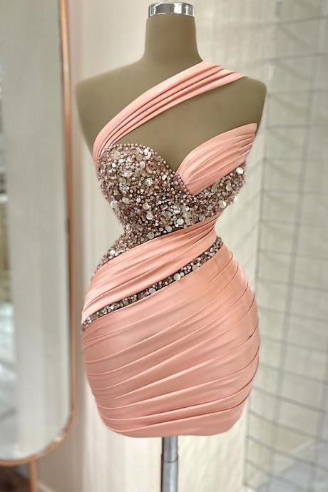 Mini Cocktail Dress Pink Satin One Shoulder Luxury Cocktail Gown For Women Sleeveless Beading Sequin Sexy Party Dresses