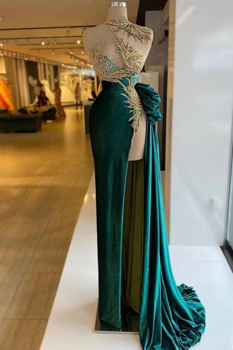 Unique Crystals Emerable Green Prom Dresses High Neck Beaded Evening Dress Custom Made Sleeveless Ruffles Party Gown