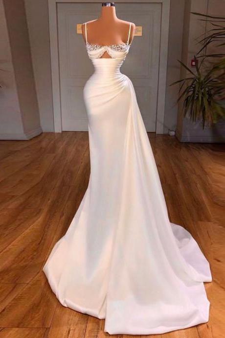 White Prom Dress Satin Mermaid Spaghetti Straps Sexy Women's Prom Gown Pearls Beading Pleat Backless Party Dresses Long