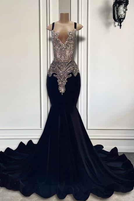 Luxury Long Prom Dresses Sexy Mermaid Style Sparkly Silver Diamond Crystals Black Girl Velvet Prom Party Gowns