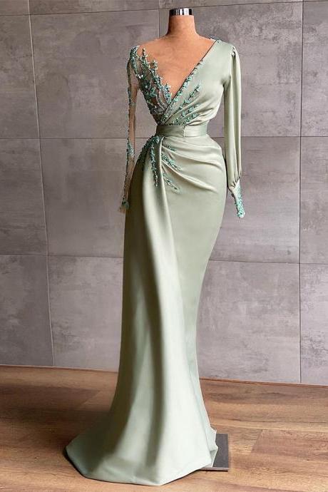 Beautiful Exquisite Beading Satin Mermaid Prom Dresses Long Sleeves V-neck Evening Gown Pleats Dubai Women Formal Party Gown