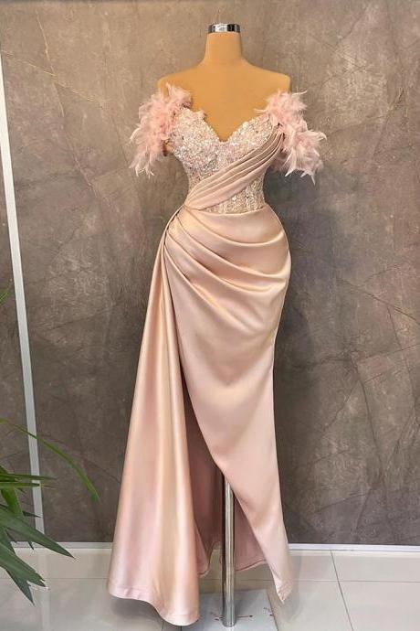 Coral Pink Evening Dresses Mermaid Sparkly Feather Off The Shoulder Split Side Formal Women Prom Gowns Designer Robe
