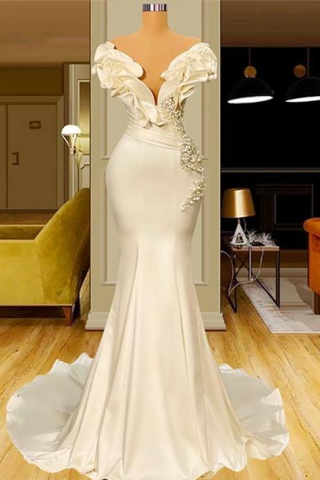 Arab Dubai Simple Pearl Mermaid Long Evening Dress Elegant Customized Satin Women&amp;#039;s Formal Evening Dress