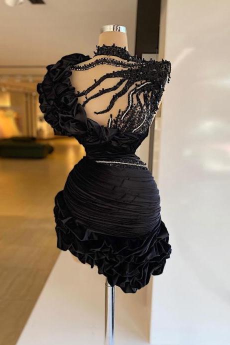 Black Sexy Elegant Prom Dresses Handmade Ruffles Crystals Appliques Short Mini Length Women Party Cocktail Gowns Custom Made