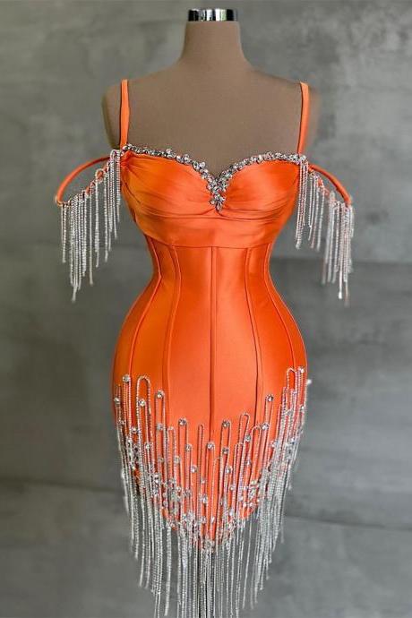 Arrival Orange Short Prom Dresses Crystals Tassel Sweetheart Women Cocktail Party Evening Gowns Custom Made Shipping