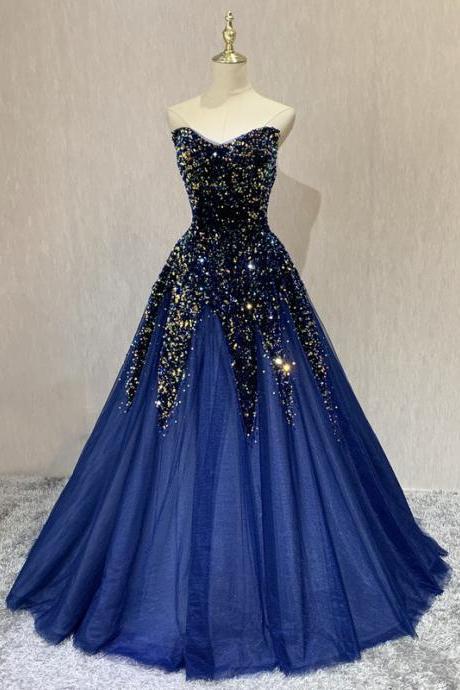 Sequins Evening Dress Sleeveless Sexy V-neck Pleat A-line Simple Floor-length Navy Blue Tulle Party Formal Dresses Woman