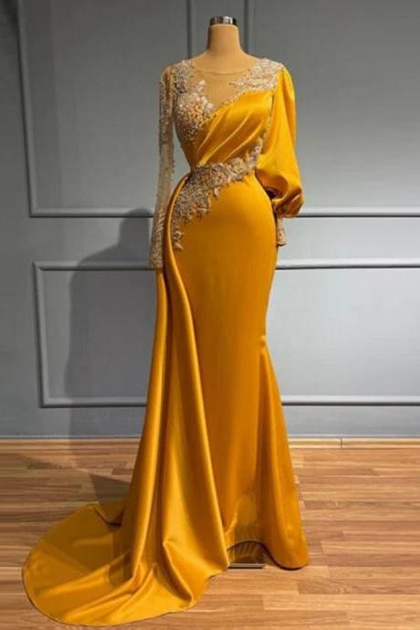 Gold Women&amp;amp;#039;s Evening Dresses Luxury Lace Applique Bead String Mermaid Satin Pleated Princess Prom Gowns Long Sleeved Robe