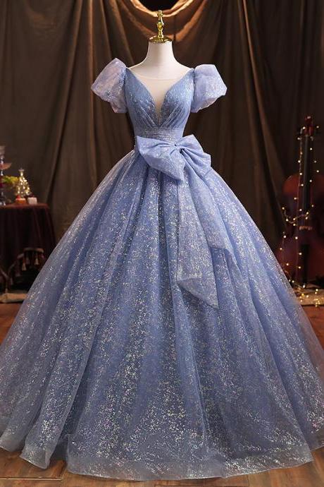 Blue Puff Sleeves Glitter Sweet 16 Dress Quinceanera Dress Bow Bling Bling Prom Pageant Dress Girl Evening Ball Gown