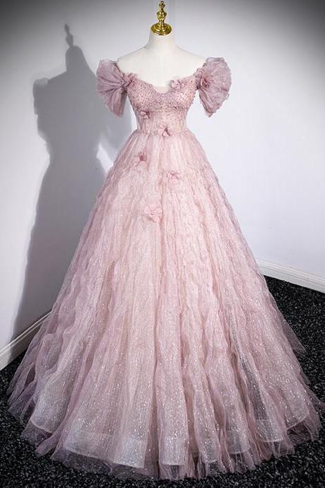 Evening Dress Pink Boat Neck Short Sleeves Pleat Floor-length Lace Up Tulle Floral Print A-line Party Formal Dresses Woman