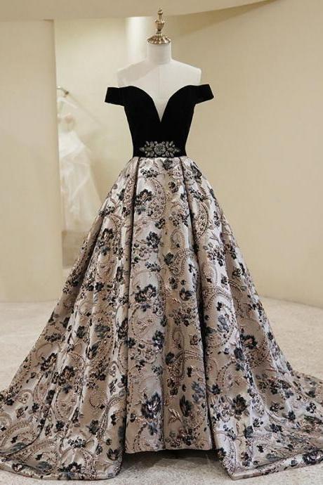 Evening Dress Boat Neck Luxurious Crystal Appliques Short Sleeves Ball Gown Pleat Floor-length Party Formal Gown Woman