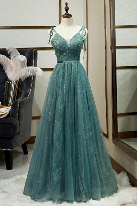 Crystal Prom Dresses Long Straps Spaghetti Tulle Evening Gown Slit Right Sweet Green Formal Evening Dresses Gown