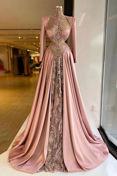 Women Prom Dress Long Sleece Floor Length Appliques Pleated High Neck Formal Party Evening Elegant Luxury Celebrity