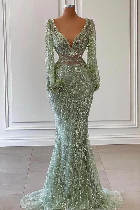 Sexy Mint Mermaid Elegant V-neck Beaded Luxury Arabic Shiny Evening Dresses Gowns For Women Party